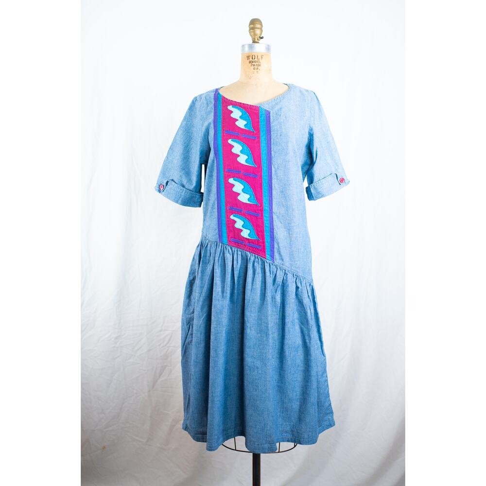 Vintage 80s Denim Midi Dress, Abstract Colorful Artsy Dropped Waist Retro, SM